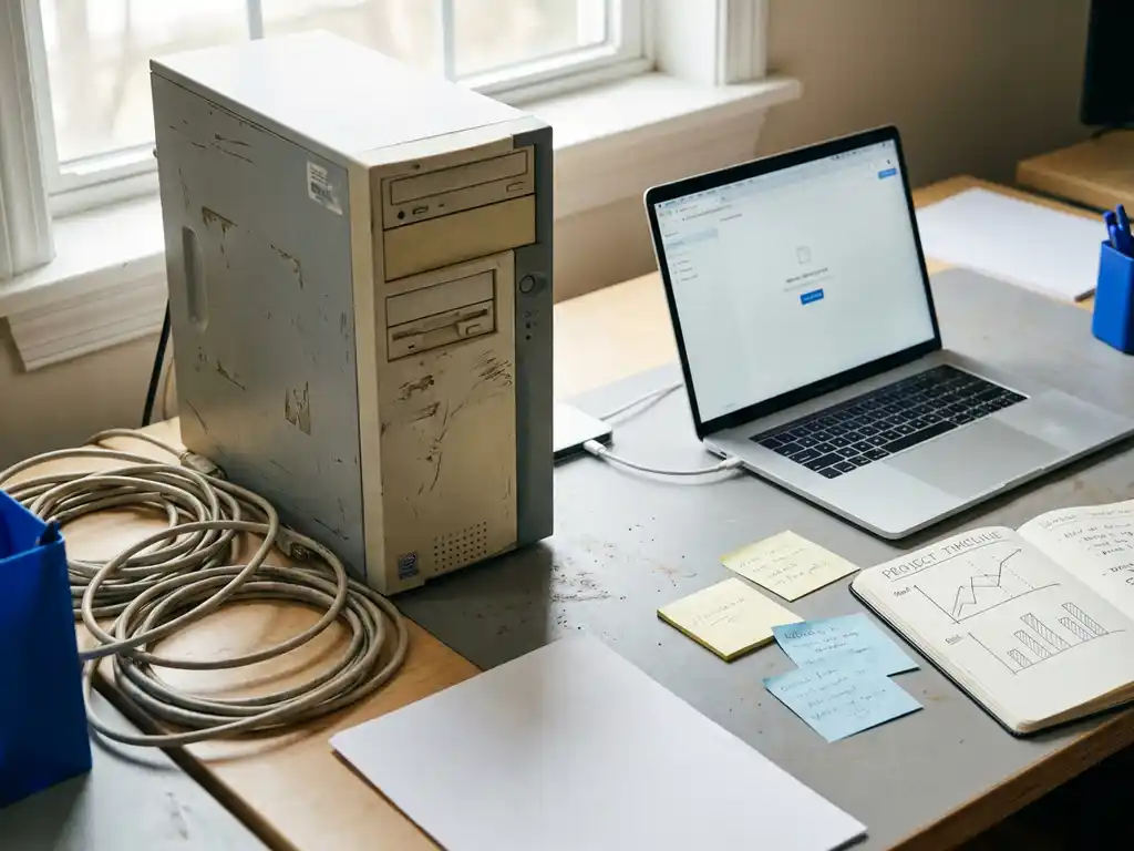 Verouderde servertoren naast moderne laptop op ontwikkelaarsbureau, verstrengelde legacy-kabels vervangen door minimale bedrading, plakbriefjes en projectnotitie op de achtergrond.