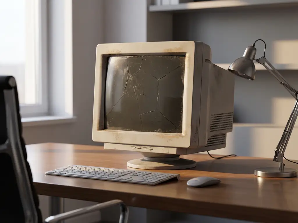 Verouderde desktopmonitor met barsten en stof op een modern kantoorbureau, omringd door strakke hedendaagse randapparatuur.