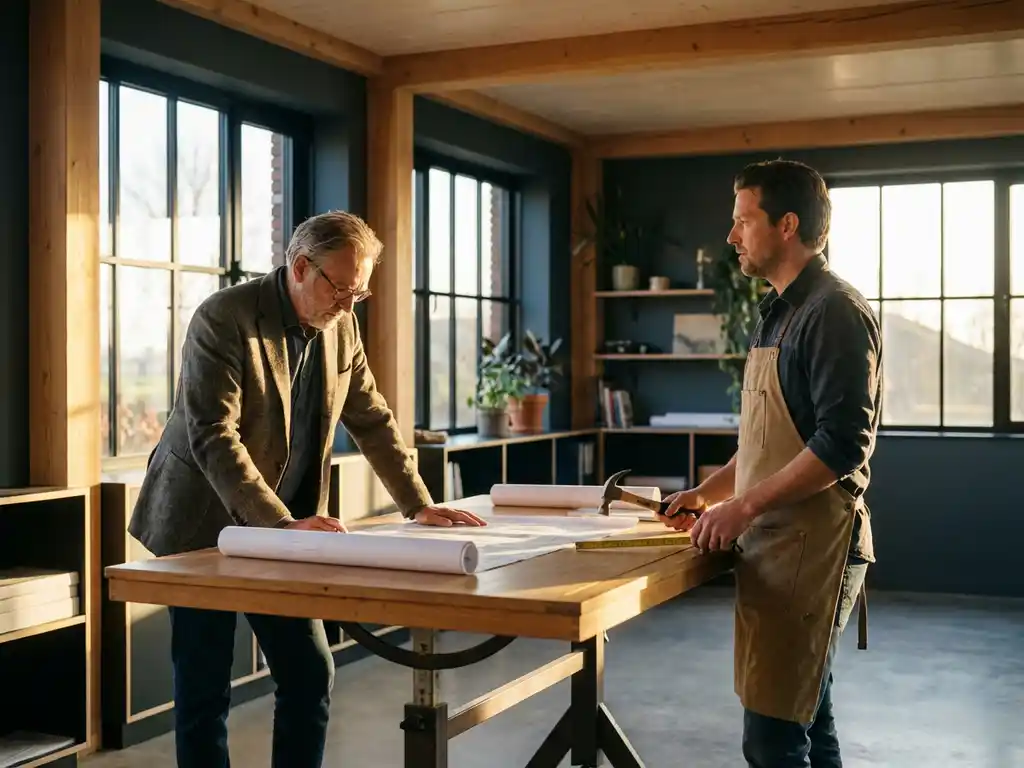 Architect en bouwvakker aan werktafel met blauwdrukken in modern Nederlands kantoor met houten balken en middaglicht.