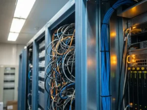 Wirwar van kabels en bedrading uit open serverpaneel, met één netjes gerouteerde ethernetkabel ernaast, serverruimte.