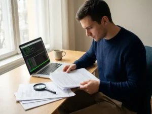 Ontwikkelaar bestudeert uitgeprinte code-auditrapportages op bureau met laptop en vergrootglas, warm natuurlijk zijlicht.