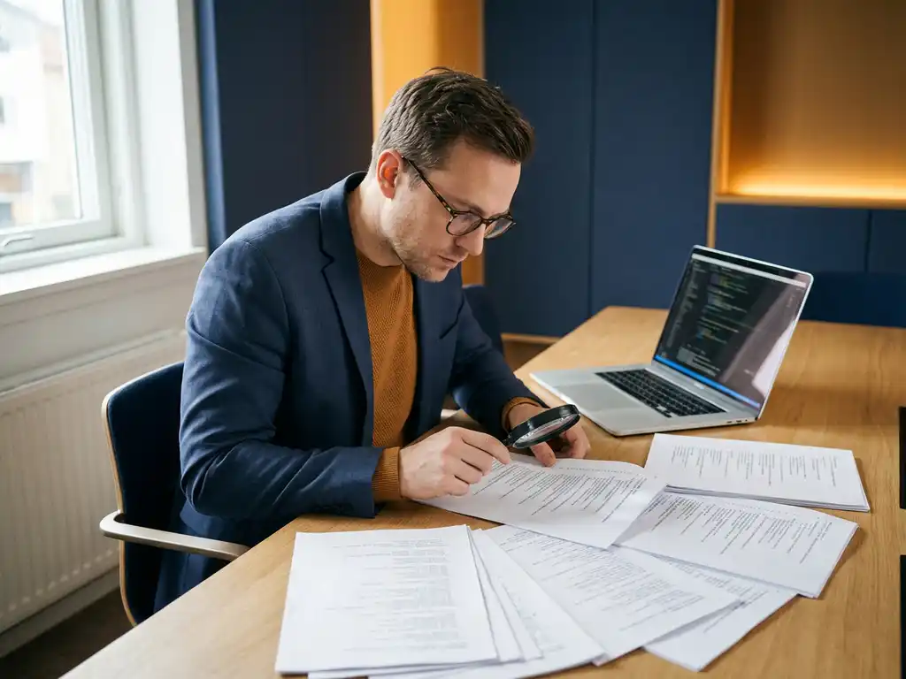 Softwareconsultant bestudeert uitgeprinte code review-documenten op modern bureau met vergrootglas, laptop op achtergrond.