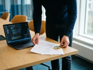 Softwareontwikkelaar buigt zich over geprinte code review-documenten met handgeschreven aantekeningen op een eiken bureau, laptop met donkere IDE ernaast.