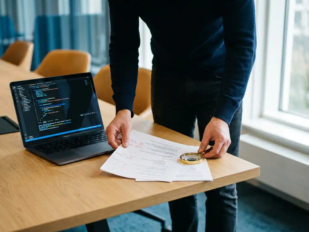 Softwareontwikkelaar buigt zich over geprinte code review-documenten met handgeschreven aantekeningen op een eiken bureau, laptop met donkere IDE ernaast.