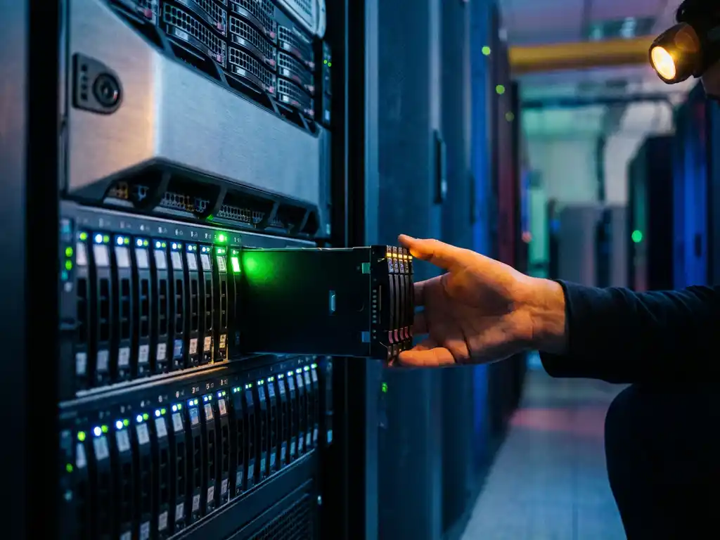 Technicus plaatst een module in een serverrack in een datacenter, met groen statuslampje en blauw-amberkleurige verlichting.