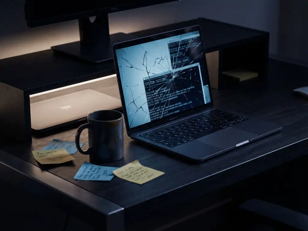 Gebarsten laptopscherm met flauw blauwe foutschermen, omringd door koffiemok en sticky notes op een ontwikkelaarsbureau.