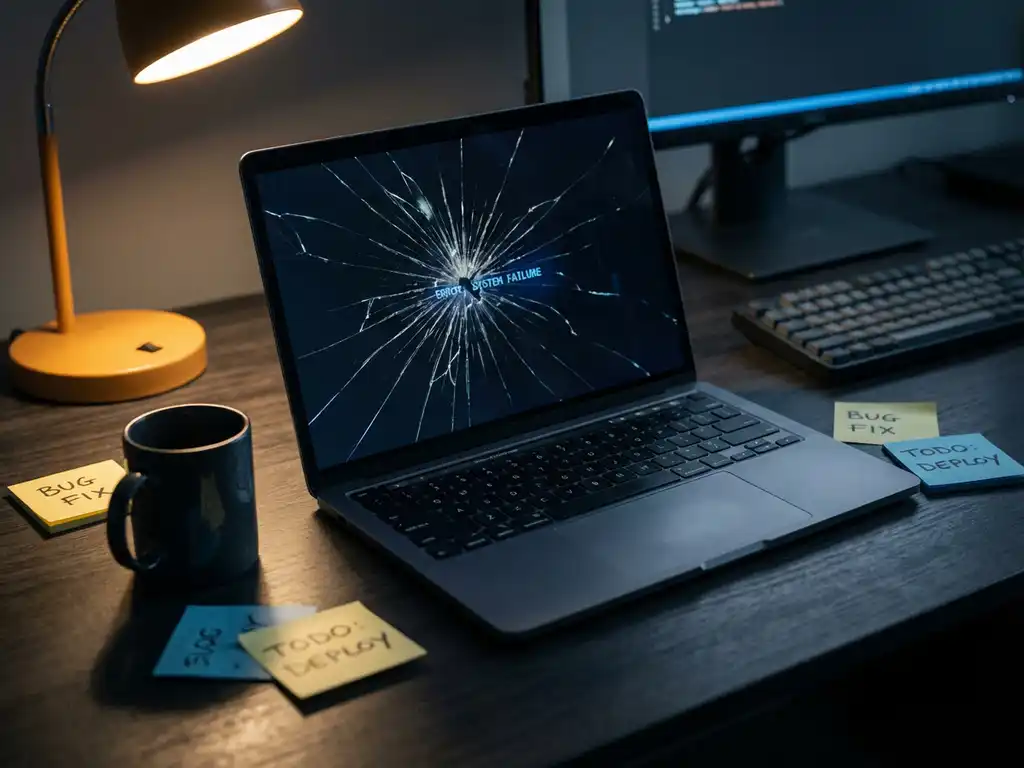 Gebarsten laptopscherm met spinnenwebpatroon op een modern bureau met sticky notes, koffiemok en warme bureaulamp.