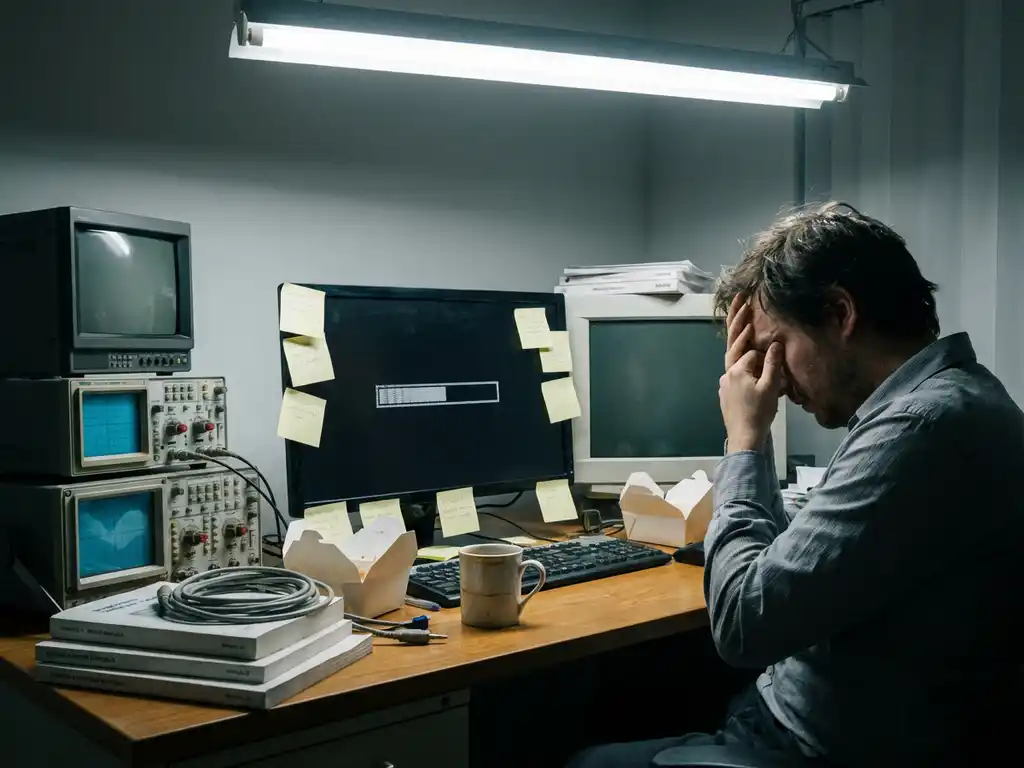 Gefrustreerde softwareontwikkelaar aan rommelig bureau met verouderde apparatuur, verstrengelde kabels en monitor vol sticky notes.