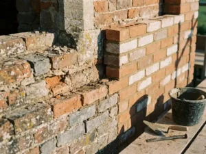 Verweerde bakstenen gevel in restauratie, half afgebrokkeld metselwerk naast nieuw herstelwerk, gereedschap op verse mortel in warm middaglicht.