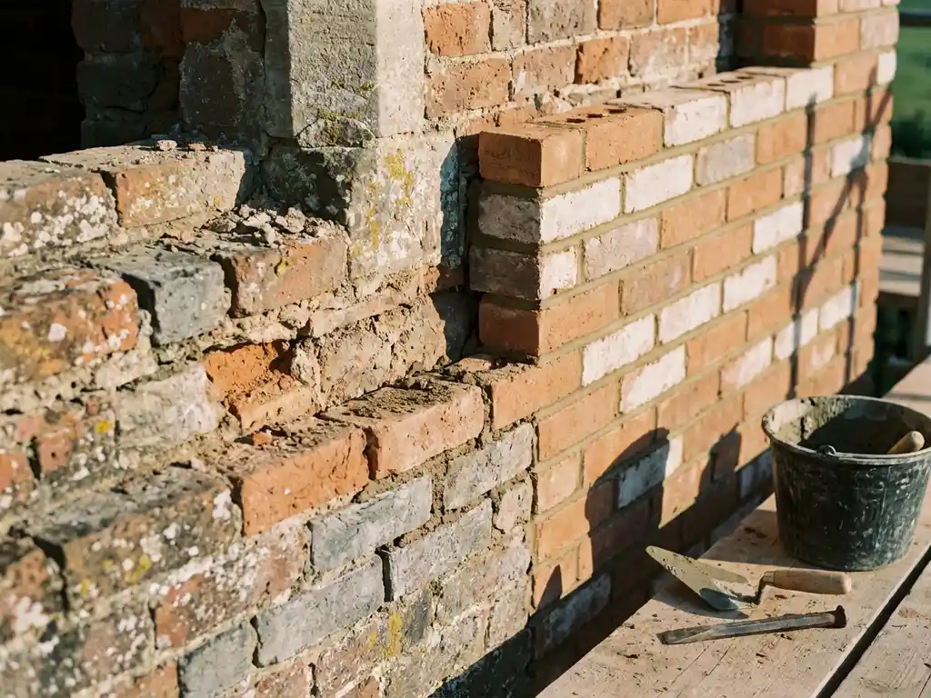 Verweerde bakstenen gevel in restauratie, half afgebrokkeld metselwerk naast nieuw herstelwerk, gereedschap op verse mortel in warm middaglicht.