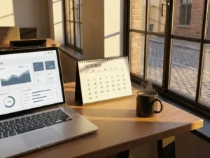 Bureau met open kalender, laptop met dashboard, dampende koffie en gouden middaglicht door een Nederlands kantoorvenster.