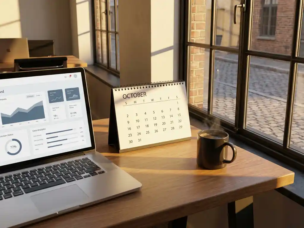 Bureau met open kalender, laptop met dashboard, dampende koffie en gouden middaglicht door een Nederlands kantoorvenster.