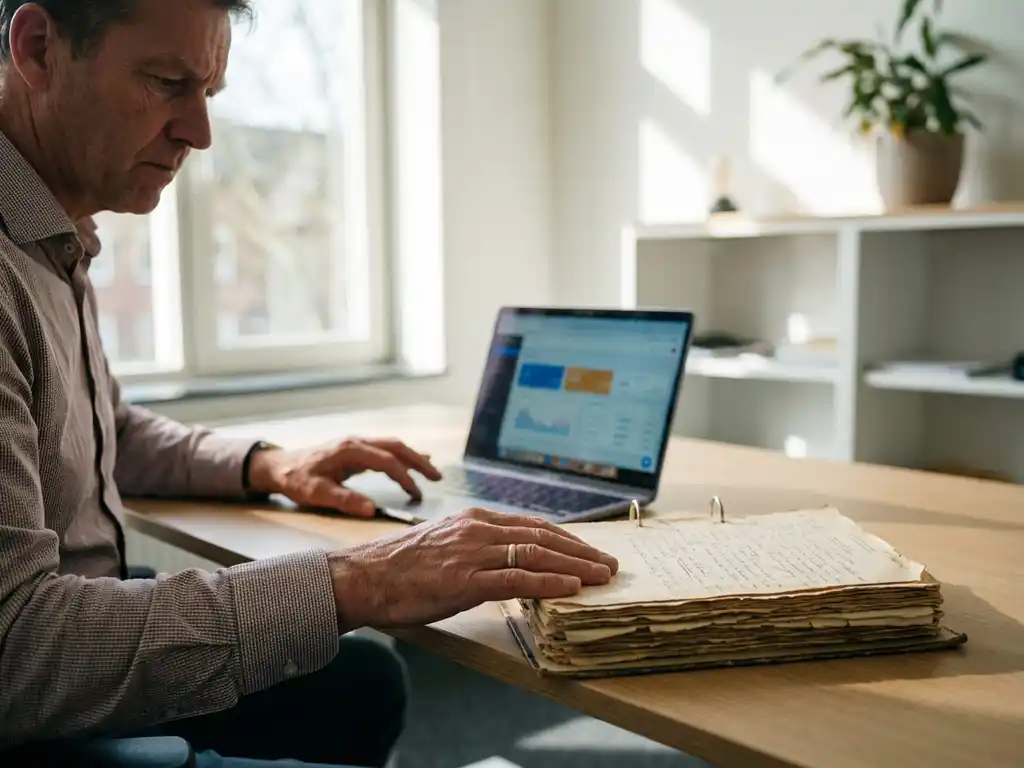 Aarzelen kantoormedewerker tussen papieren notities en laptop met digitaal dashboard, zacht natuurlijk licht in modern Nederlands kantoor.