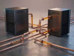 Koperen leidingen verbinden twee moderne servers, met zichtbare amberen datastroom door transparante buissecties op betonnen ondergrond.