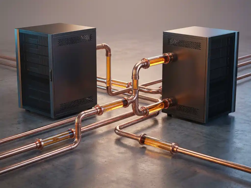 Koperen leidingen verbinden twee moderne servers, met zichtbare amberen datastroom door transparante buissecties op betonnen ondergrond.