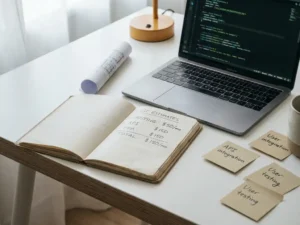 Ontwikkelaar werkt aan kostenplanning met notitieboek, laptop met code en architectuurblauwdruk op minimalistisch bureau.