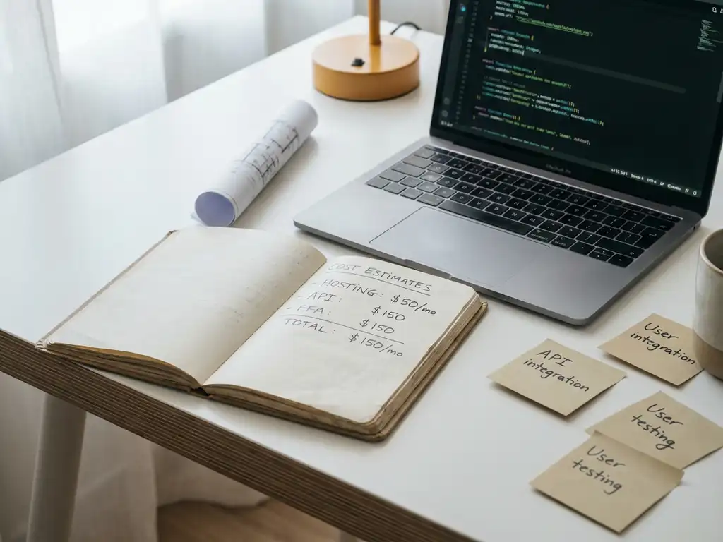 Ontwikkelaar werkt aan kostenplanning met notitieboek, laptop met code en architectuurblauwdruk op minimalistisch bureau.