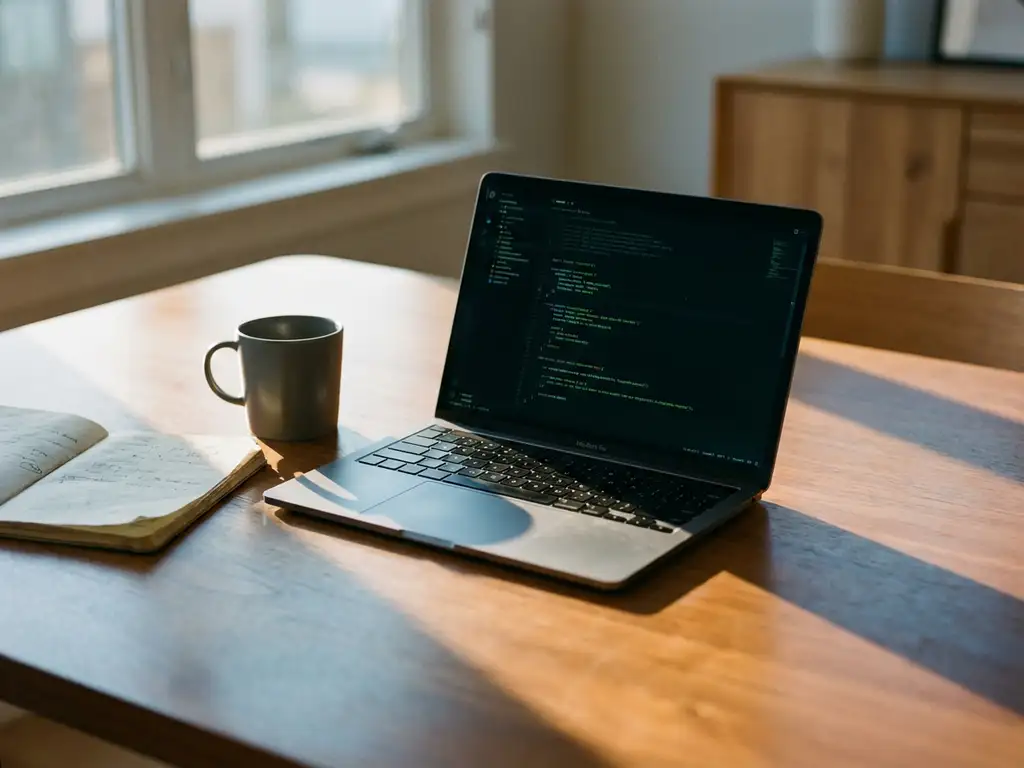 Open laptop met onbekende code op modern bureau, naast leeg koffiekopje en notitieboek, zacht middaglicht met lange schaduwen.