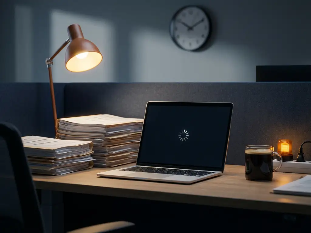 Laptop met bevroren laadscherm op kantoorbureau, stapels rapporten en koud kopje koffie, amberkleurig waarschuwingslicht.