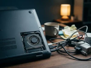 Laptop met blootgelegde, stofverstopte ventilator op ontwikkelaarsbureau met verwarde kabels en sticky notes onder amberkleurig lamplicht.