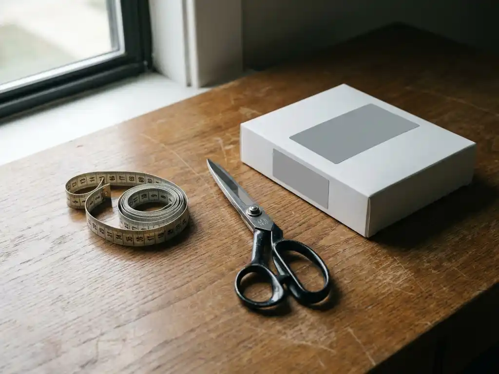 Kleermakersmeetlint en schaar naast een softwarebox op een eikenhouten bureau, symboliserend de keuze tussen maatwerk en standaardoplossingen.
