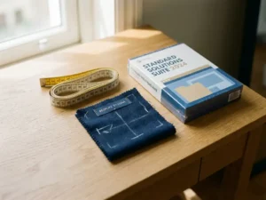 Kleermakersmeetlint en op maat gesneden stofstaal naast een standaard softwaredoos op een eiken bureau, zachte natuurlijke belichting.