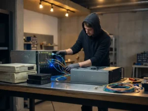 Ontwikkelaar migreert kabels van legacy serverrack naar moderne behuizing op industriële werkbank, ethernet kabels mid-transitie.