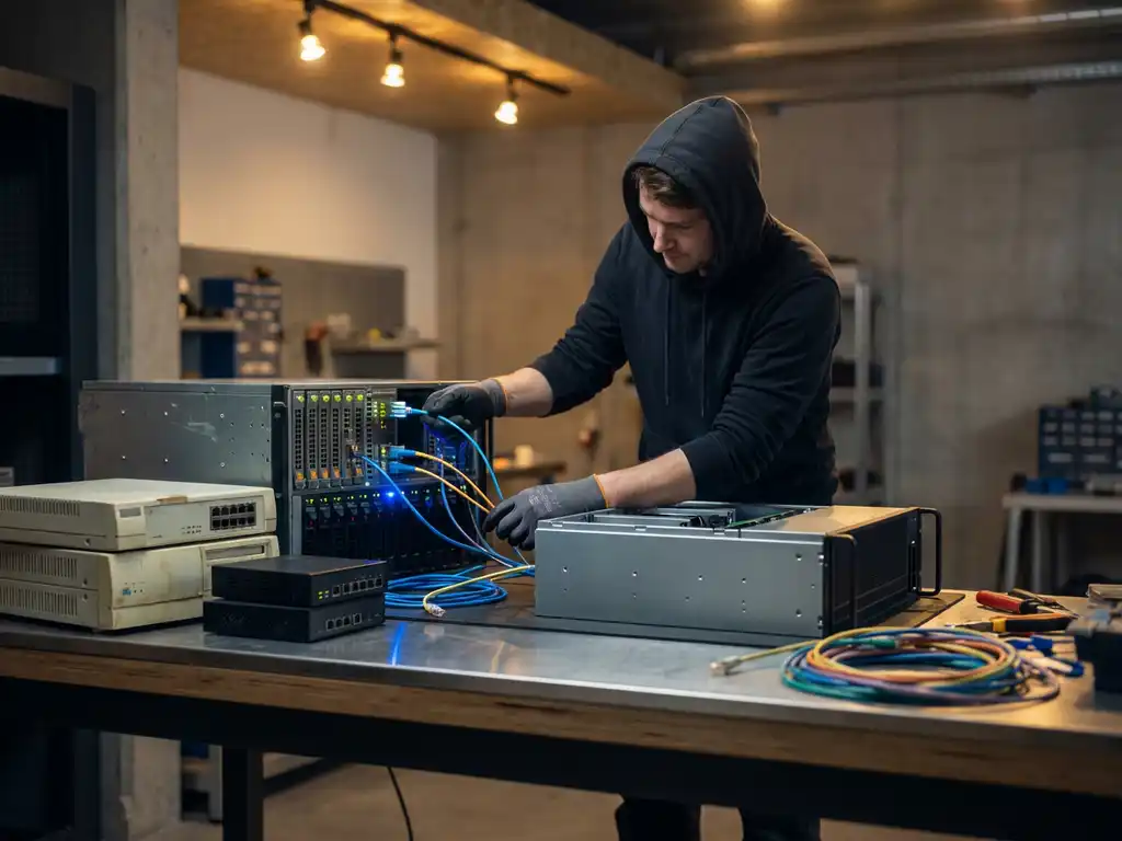 Ontwikkelaar migreert kabels van legacy serverrack naar moderne behuizing op industriële werkbank, ethernet kabels mid-transitie.