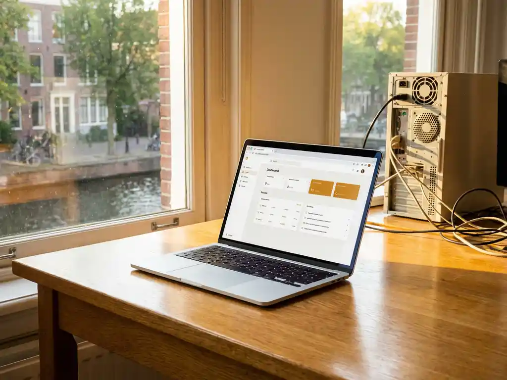 Moderne laptop met dashboard op eikenhouten bureau naast verouderde desktop met verwarde kabels, warm middaglicht door kantoorvenster.