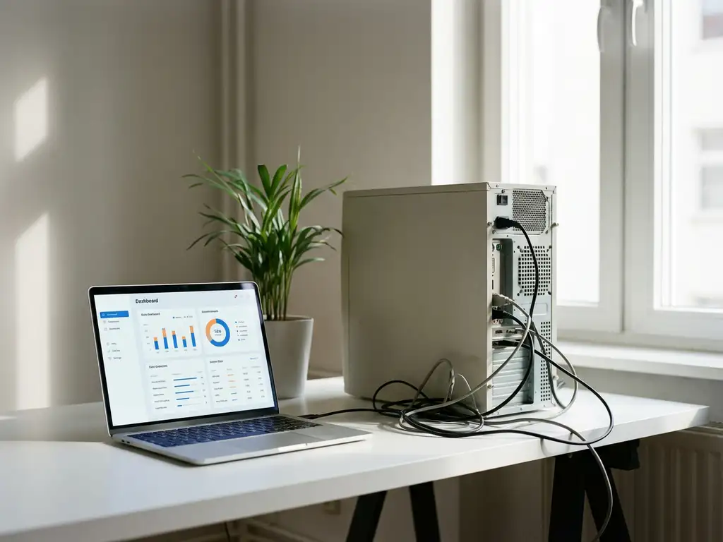 Moderne laptop met dashboard naast verouderde desktoptoren met verwarde kabels op wit bureau, zachte natuurlijke belichting.