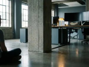 Massief betonnen monoliet in modern softwareontwikkelingskantoor met mechanisch toetsenbord en monitor op de achtergrond.