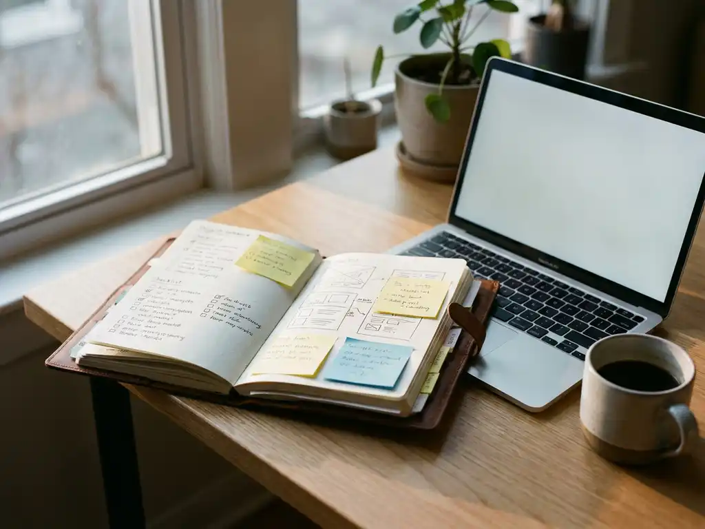 Versleten projectnotitieboek met handgeschreven checklists en sticky notes op modern bureau, laptop en koffiekopje ernaast, zacht ochtendlicht.