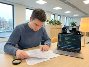 Ontwikkelaar bestudeert geprinte codedocumentatie op modern bureau met laptop en vergrootglas, professionele kantooromgeving.