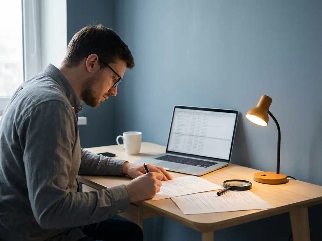 Ontwikkelaar bestudeert geprinte code documentatie met pen en vergrootglas, laptop open op bureau, warm bureaulampgloed.