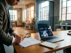Softwareontwikkelaar bestudeert gedrukte codedocumentatie met vergrootglas aan houten bureau, laptop met dashboardgrafieken op de achtergrond.