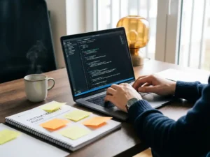 Ontwikkelaar typt op laptop met code, naast een technisch auditrapport met sticky notes op modern bureau, dampende koffie op achtergrond.