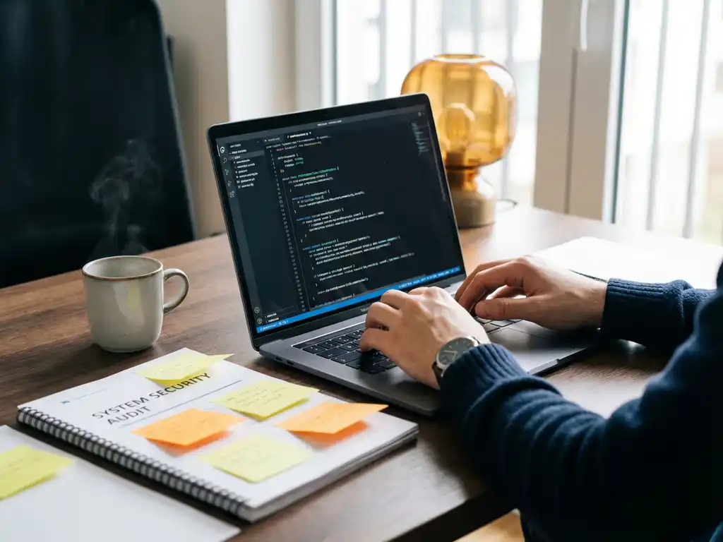 Ontwikkelaar typt op laptop met code, naast een technisch auditrapport met sticky notes op modern bureau, dampende koffie op achtergrond.