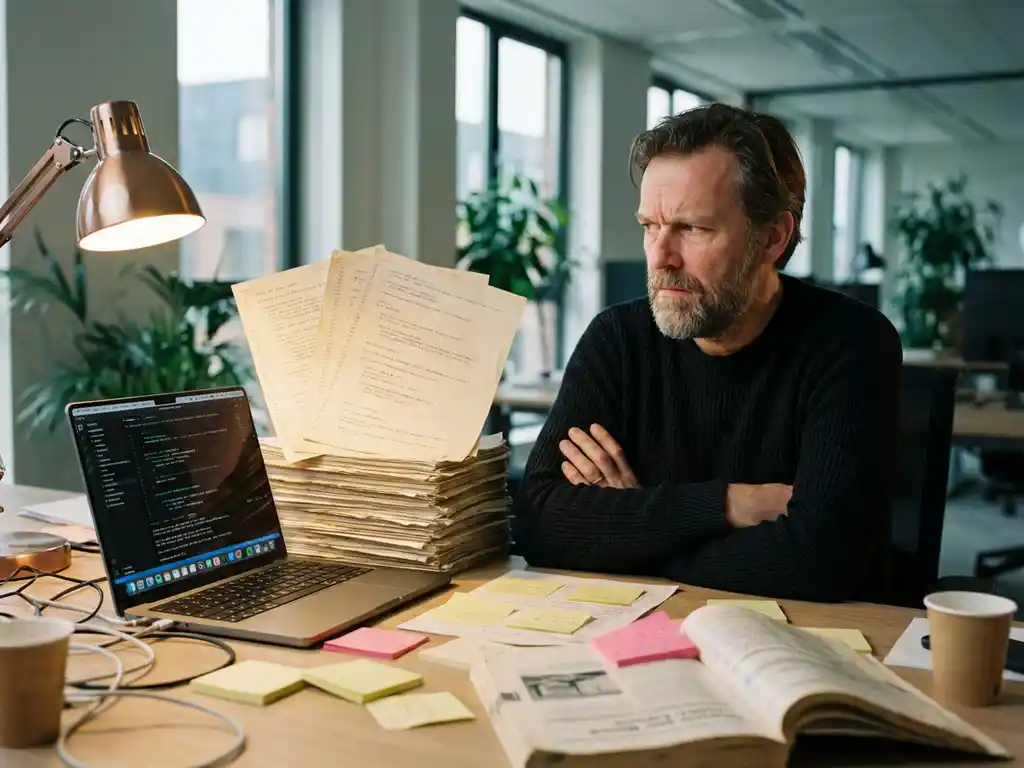Ontwikkelaar met gekruiste armen bekijkt sceptisch uitgeprinte legacy code naast laptop, omringd door sticky notes en technische documentatie.