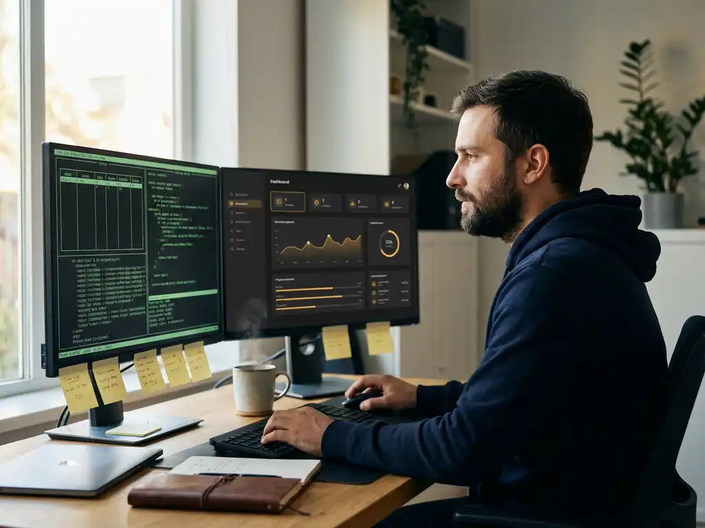 Softwareontwikkelaar werkt rustig aan dual-monitor werkstation met legacy-interface naast modern dashboard, omringd door sticky notes en koffie.