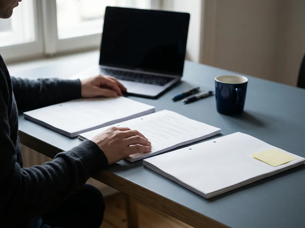Ontwikkelaar vergelijkt drie uitgeprinte softwareprojectvoorstellen op een modern bureau met laptop op de achtergrond.