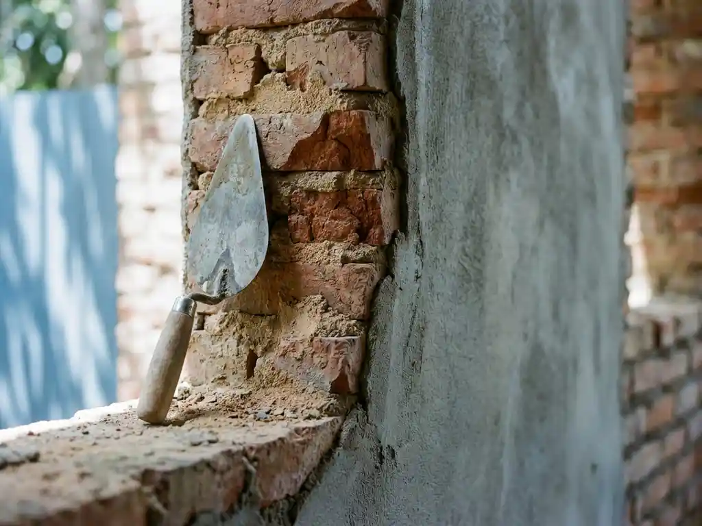 Verweerde bakstenen muur naast vers gepleisterd betonoppervlak met stalen troffel op het overgangspunt, natuurlijk daglicht.