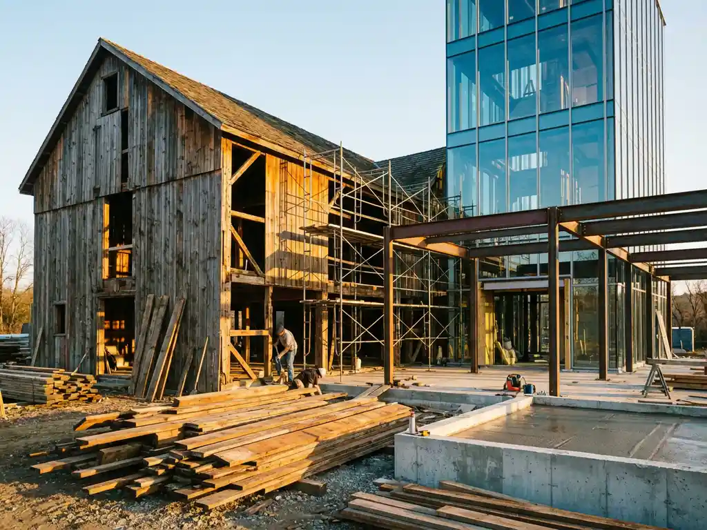 Verweerde houten constructie die wordt gesloopt naast een modern glazen gebouw in aanbouw, verbonden door steigers, bij gouden-uursbelichting.