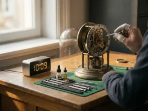 Verweerde mechanische klok naast een modern horloge op een eikenhouten bureau, omringd door precisiegereedschap in zacht natuurlijk licht.