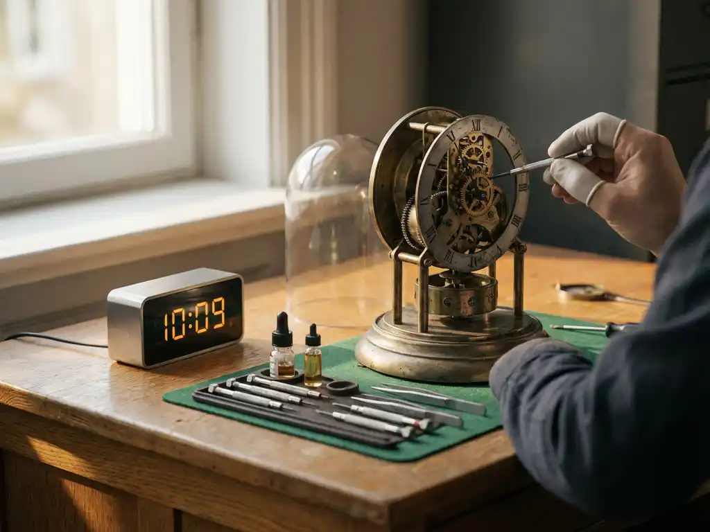 Verweerde mechanische klok naast een modern horloge op een eikenhouten bureau, omringd door precisiegereedschap in zacht natuurlijk licht.