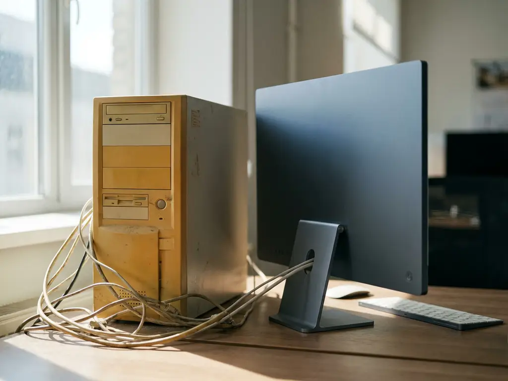 Verouderde vintage computertoren met vergeeld plastic en versleten kabels naast een moderne werkstation op een kantoorbureau.