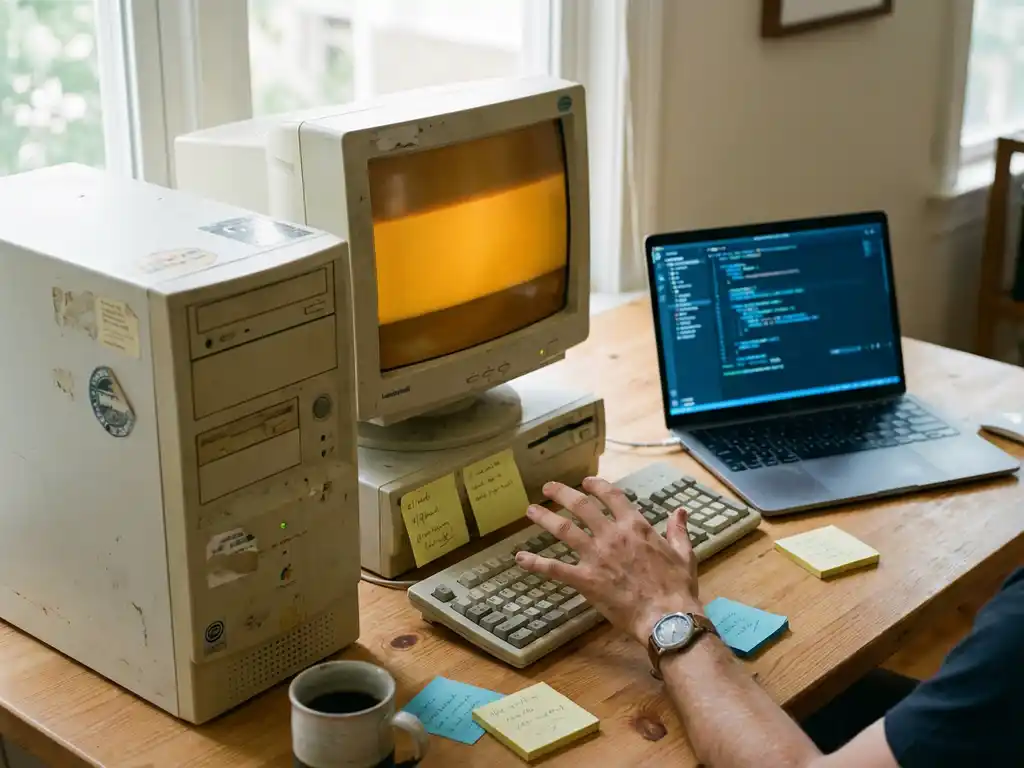Ontwikkelaar vergelijkt verouderde desktopcomputer met moderne laptop op kantoorbureau, omringd door sticky notes en koffiekopje.