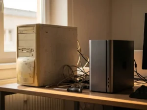 Verouderde vintage computertoren naast een moderne compacte werkstation op een bureau, kabels half verwisseld, zacht middaglicht.