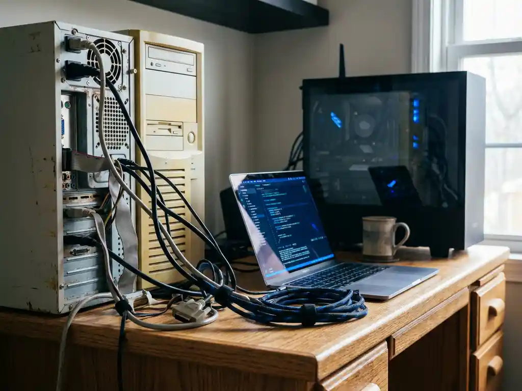 Verouderde vintage servertoren naast modern werkstation op eikenhouten bureau, met kabelovergang van rommelig naar georganiseerd en laptop met code.