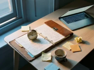 Versleten leren projectmap op modern bureau naast laptop, analoge klok, sticky notes en koffiekop in warm Hollands middaglicht.
