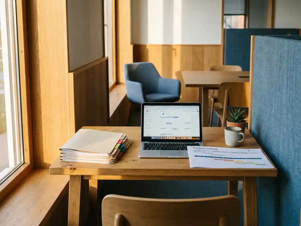 Open laptop naast projectmappen en een tijdlijn op een houten bureau in een modern Nederlands kantoor met warme eikentinten en middaglicht.